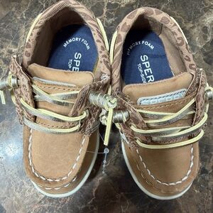 Sperry Kids Tan Moccasins with Yellow Laces